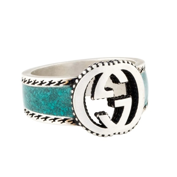 NWT GUCCI Turquoise Interlocking G Sterling Silver & Enamel Designer Size 21